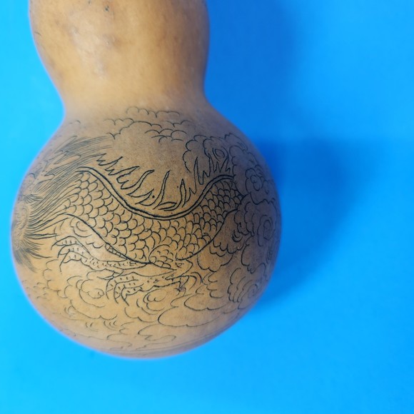 Chinese Carved Dragon Gourd Branched Horns Writing 7 in. High Real - Picture 3 of 10